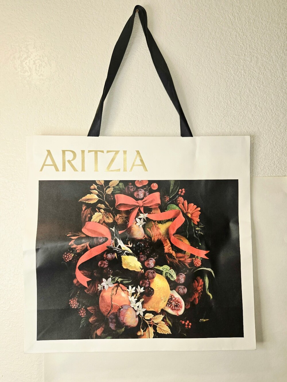 Aritzia White Tote Shopping Bag with Black Handles and Floral Fruit Print